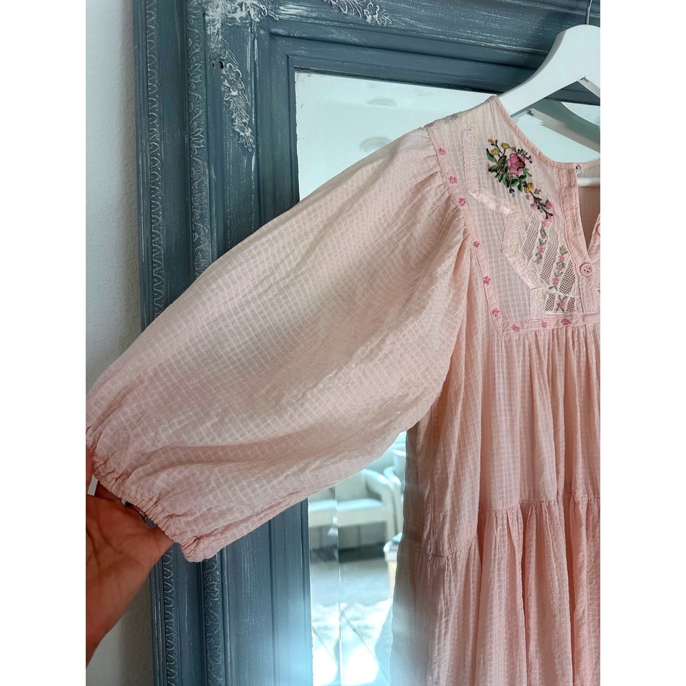 Vintage Cotton Gauze Milkmaid Tiered Midi Dress Floral Embroidery Puff Sleeve S - Picture 3 of 7